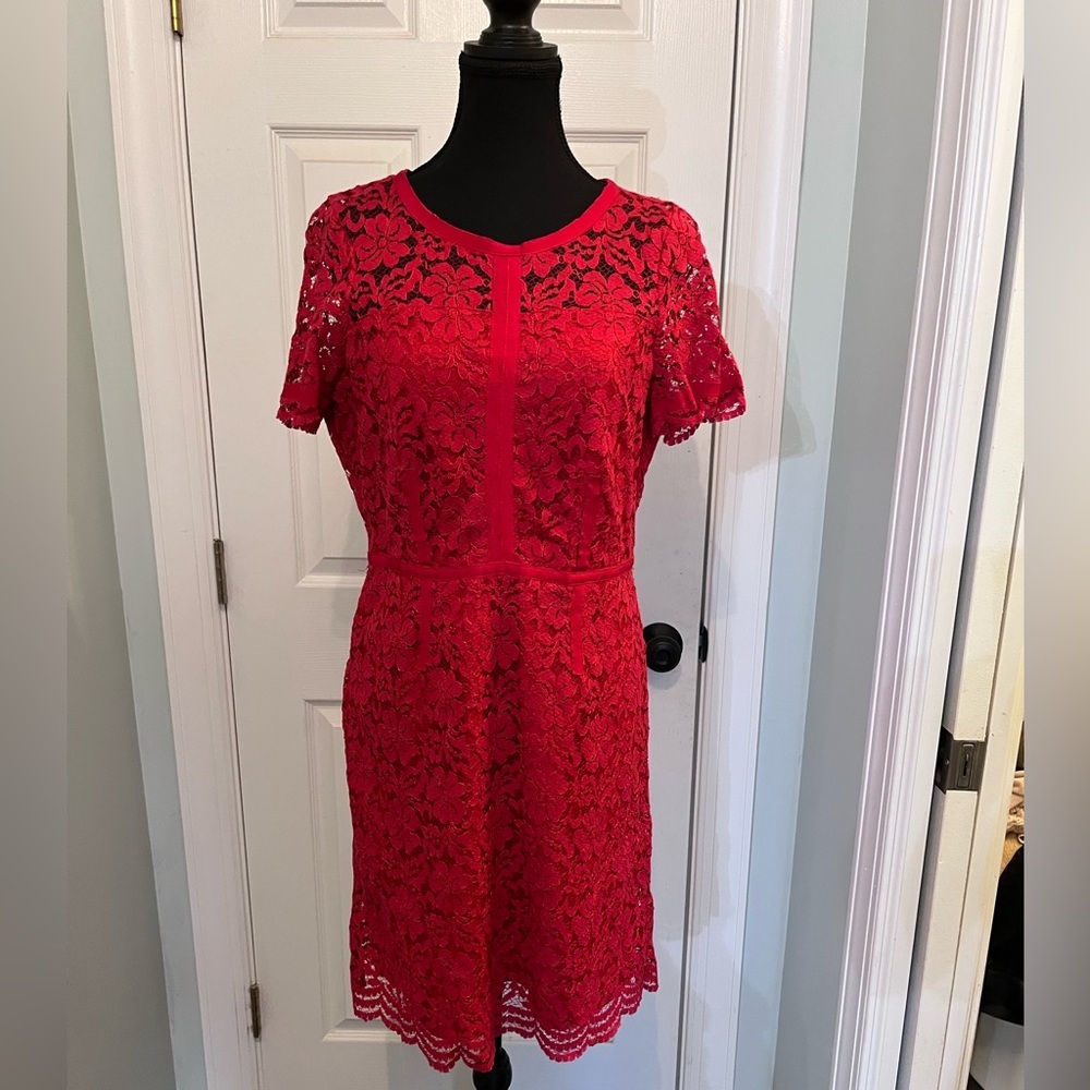 Elle Dress Womens 12 Red Short Sleeve lace Zip Up dress